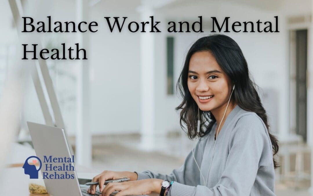 an image of a female working on a laptop balancing a healthy work life balance and her mental health with the tips found in the article.